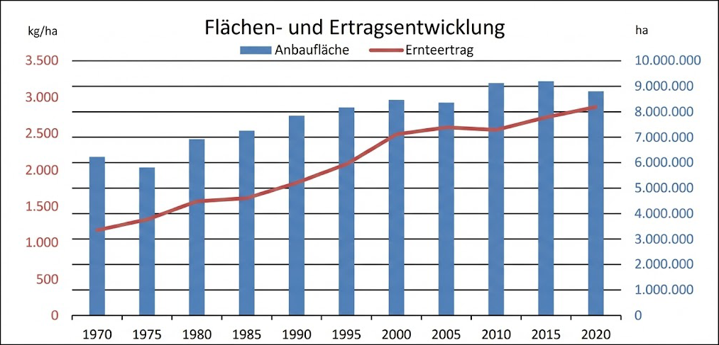 Diagramm: Flächen- und Ertragsentwicklung 1970–2020, blaue Balken = Anbaufläche, rote Linie = Ernteertrag, beide steigen